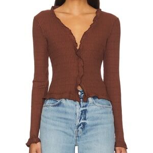 LAmade Brown Ribbed Ruffle Trim Button Front Cardigan Top‎ Size L Made in USA